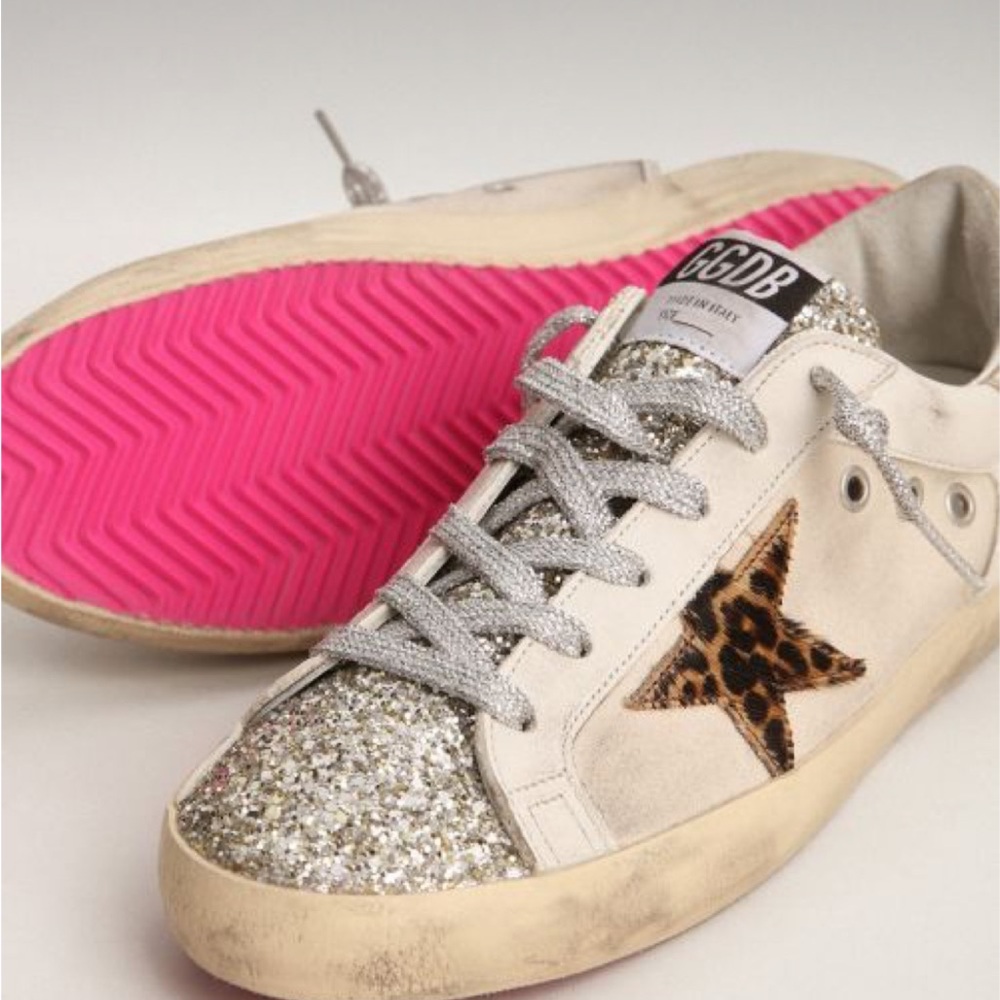 Golden Goose Silver Glitter Sneakers with Leopard Detail